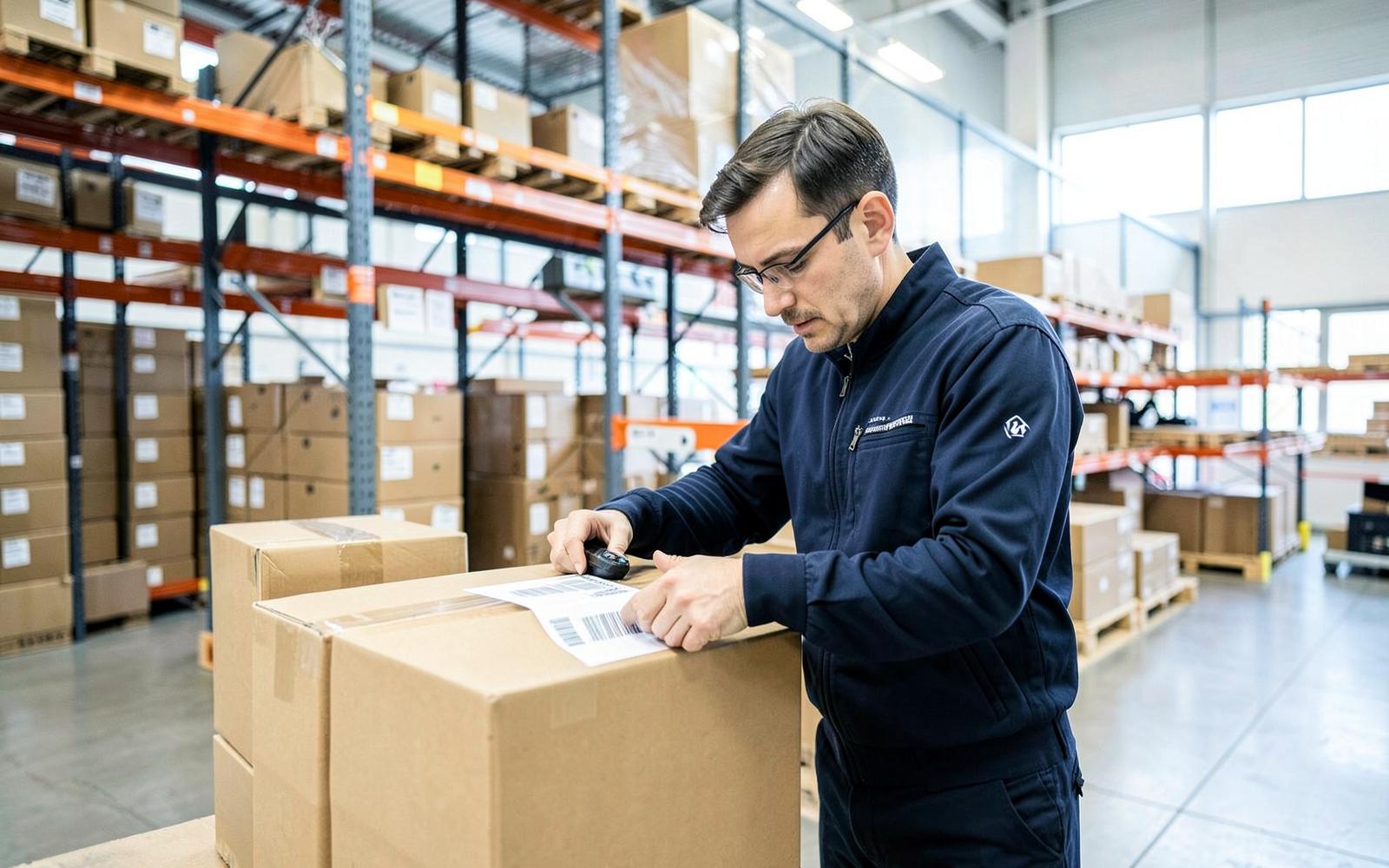 Warehouse staff scanning a parcel barcode